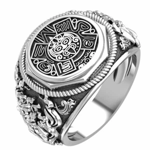 Aztec Calendar Ring for Men Mayan Sun Jewelry 925 Sterling Silver - Picture 1 of 8