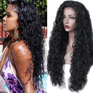 Long Black Loose Curly Wave Heat Resistant Synthetic Lace Front Wigs Black Women - Picture 1 of 10