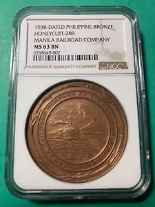 1938 PHILIPPINES MANILA LEGASPI RAILROAD LINE BRONZE MEDAL H-289 NGC MS 63 BN - Picture 1 of 4
