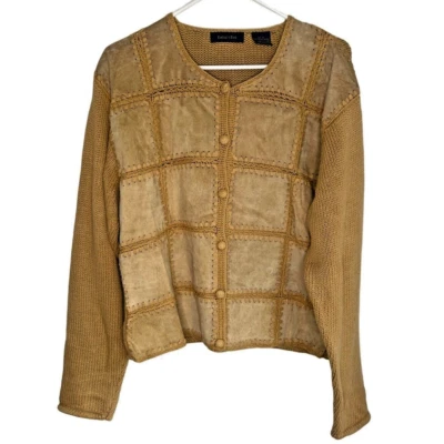 Cárdigan Suéter Chaqueta Vintage Años 80 Ojo de Águila Cuero Genuino Retazos Foto 1 de 4