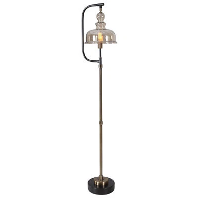 Modern Industrial Style Floor Lamp Amber Glass Bell Shade Brass Bronze Black - Image 1 of 4