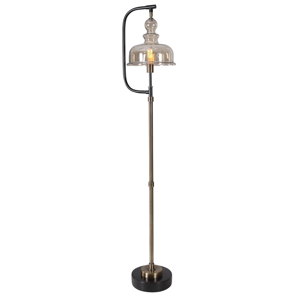 Modern Industrial Style Floor Lamp Amber Glass Bell Shade Brass Bronze Black - Image 1 of 4