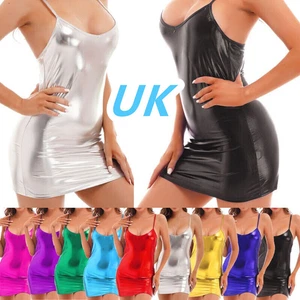 AU Womens Shiny Metallic Spaghetti Straps Mini Dress Low Cut Sexy Dress Clubwear - Picture 1 of 87