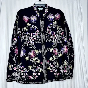 Vintage Jacke Oberteil Wollmischung mit Blumenstickerei Damen großer Kimono-Stil - Bild 1 von 18