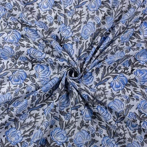 Grey Blue Hand Block Floral Print Fabric Indian Hand made 100% Cotton Summer - Bild 1 von 5
