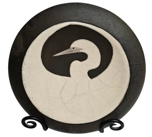 Giusti Studio Art Raku Pottery Egret  Flying Saucer With Display Easel - Picture 1 of 6