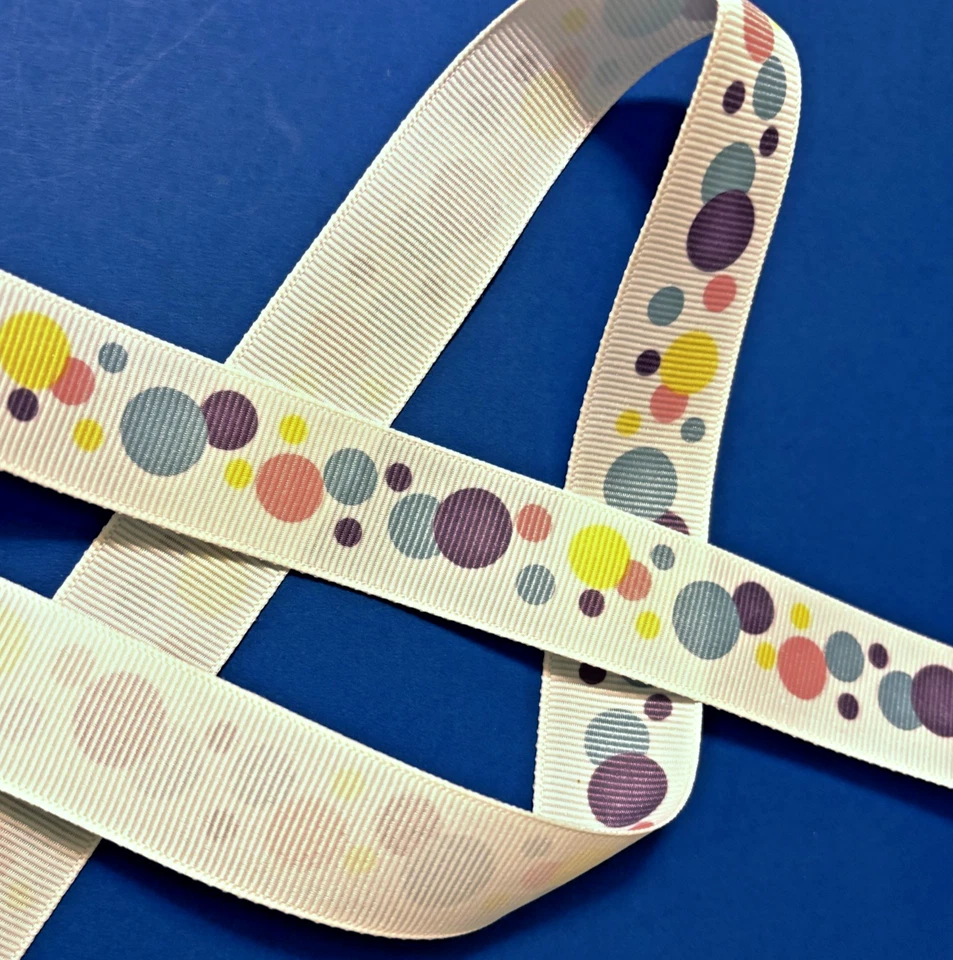 Offray Grosgrain Ribbon 7/8" White with Polka Dots Purple Pink Blue 20 yards - Image 1 of 2