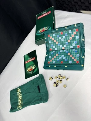 Vintage BOXED Scrabble Board Game Pocket Travel Hard Case Green Retro Magnetic  - Image 1 of 4