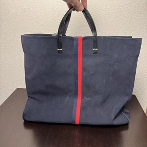 Clare V. Simple Perforated Navy & Red Stripes Suede Leather Large Tote Bag - Picture 1 of 7