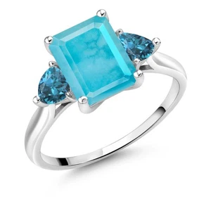 10K White Gold Green Turquoise and London Blue Topaz 3 Stone Engagement Ring - Picture 1 of 4