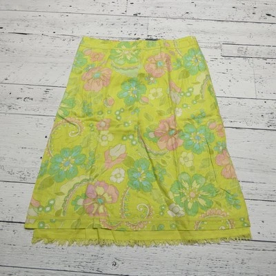 Sigrid Olsen Skirt Womens 4 Green Yellow Floral Linen Cotton Summer Boho Pockets - Image 1 of 4