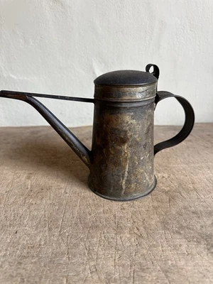 Antique Tin Early Lighting  Lamp Filler Lidded Pitcher Old Paint Tinware ￼ - Image 1 of 4
