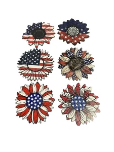 NEW wood round coasters set of 6 flowers floral usa flag red white blue - Picture 1 of 3