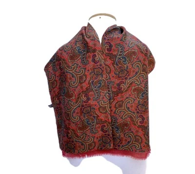 H4# Vintage Saldar Hecho en Italia Paisley Bufanda Rojo Marrón Estampado Ornamentado Flecos Foto 1 de 4