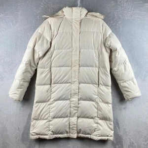 LL Bean Jacket Women Medium White Goose Down Quilted Puffer 3/4 Long Hooded Coat - Picture 1 of 12