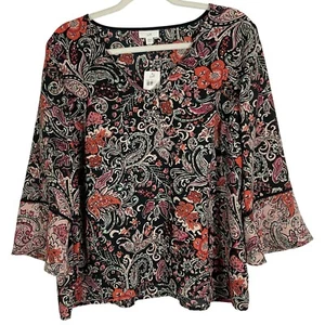 Blusa de cachemira floral azul marino J. Jill nueva con etiquetas con mangas de campana, talla grande pequeña - Imagen 1 de 9