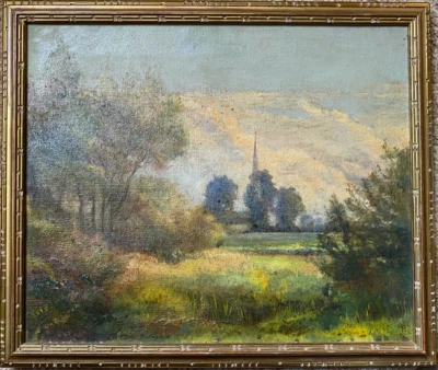Pintura a óleo Monogr.O.P. 1907 Paisagem de árvores e prados em um dia de verão - Imagem 1 de 4
