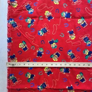 Vtg 90s Red Corduroy Fabric Cowboy Teddy Bear Print - Picture 1 of 8