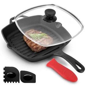 MegaChef Griddle 10.4" Pre-Seasoned Cast Iron Square Glass Lid Silicone Handle - Picture 1 of 8