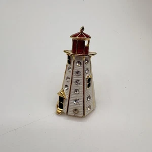 Gold Tone White Rhinestone Enamel Lighthouse Red Light Pin Brooch 1980s - Picture 1 of 6