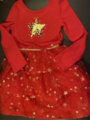 Vestido de Navidad Cat & Jack Niñas 4/5 Estrella Dorada Lentejuelas y Brillo Dorado  Foto 1 de 4