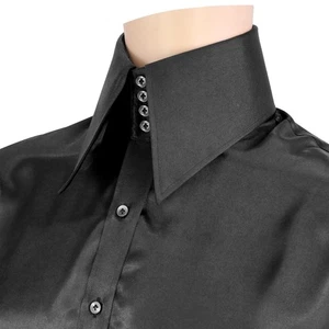 Mens Red Carpet Look High Long Pointed Collar Black Luxury Satin Halloween Shirt - Picture 1 of 7