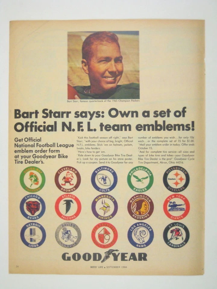 Anuncio impreso emblemas del equipo de la NFL Bart Starr anuncio impreso Goodyear 1966 Foto 1 de 2