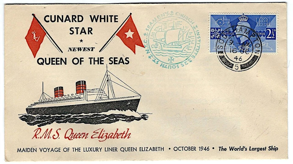 1946 Cunard White Star Maiden Voyage Ship Cover - RMS QUEEN ELIZABETH - England - Image 1 of 1
