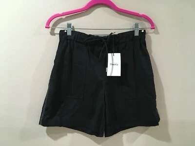 Theory 短裤女式 2 码 Crawford 黑色垂褶棉质斜纹抽绳新品 — 第 1/4 张图片