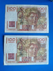 2X BILLETS 100 FRANCS JEUNE PAYSAN Y.21-11-1946 Même Série R.15 / French Money - Bild 1 von 2