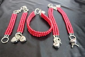 RED Pearl Bondage Wrist Ankle cuffs collar set restraint high tensile steel - Picture 1 of 4