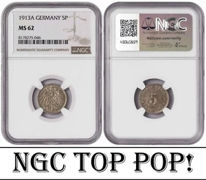 i-650582 Germany 5 Pfennig 1913 A. NGC MS 62. TOP POP. - Picture 1 of 1