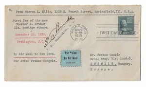 USA 1938 21c Chester A Arthur Single FDC Luftpost nach Ungarn mit Empfänger - Bild 1 von 2