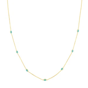 Turquesa Esmalte Evil Eye Estación Collar Real 14K Oro Amarillo 45.7cm - Imagen 1 de 6
