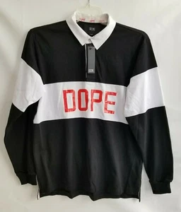 Dope Sport Club Polo Shirt Black Long Sleeve Buttons White Stripe Size L NEW - Picture 1 of 8
