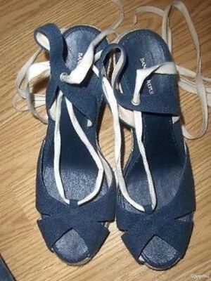 Sandalias de tacón de cuña envolventes alpargata de lona azul Enzo Angiolini talla 7,5 Foto 1 de 2