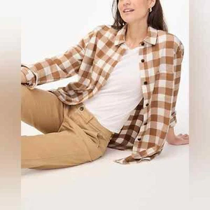 J.CREW Factory Plaid flannel shirt-jacket Ivory Camel Size M BK433 - Picture 1 of 5