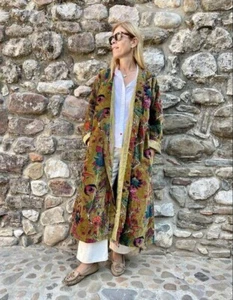 Indisch Grün Blumenmuster Kimono Samt Bademantel Nachthemd Braut Nacht Au - Bild 1 von 3