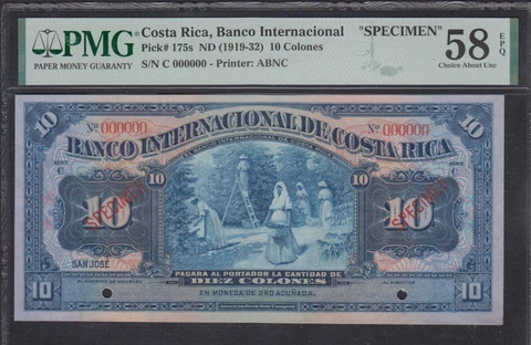 COSTA RICA 1919-32  P#175s 10 Colones  "SPECIMEN" PMG 58 EPQ . A UNC .Rare Cover