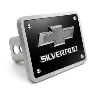 Chevrolet Silverado 3D Gunmetal Logo on Black Billet Aluminum 2" Hitch Cover - Picture 1 of 5