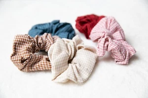 Effortless Chic woman Soft Gingham Scrunchie earthy tone plaid Elastic Hair ties - Picture 1 of 12