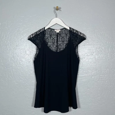 Helmut Lang Women M Black Puckered Lace Blouse Cap Sleeve Scoop Neck Casual - Image 1 of 4