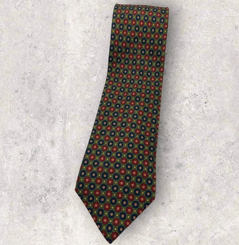 Gravata de seda CHURCH'S ITÁLIA XL verde azul vermelho geométrico W:3,8" em excelente estado usado - Imagem 1 de 4