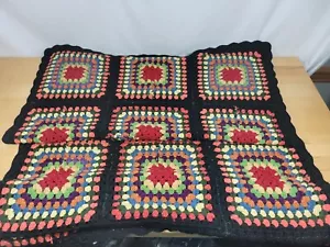 Vintage Black Granny Square Afghan Crochet Lap Blanket Quilt Handmade 70x32 - Picture 1 of 5