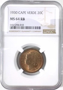 1930 Cape Verde 20 Centavos - NGC MS 64 RB - Colonial Bronze Coin - Picture 1 of 4