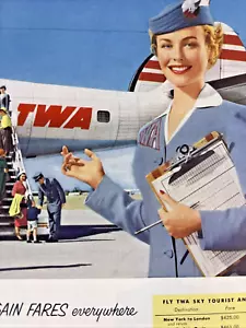 1954 TWA Airlines Sky Tourist Affare Tariffe Ovunque New York a Londra annuncio - Foto 1 di 9