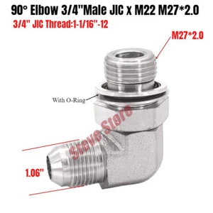 Hydraulic Fitting 90° Elbow 3/4"(1-1/16"-12) Male JIC x M22 M27*2.0 Male O-Ring - Picture 1 of 3