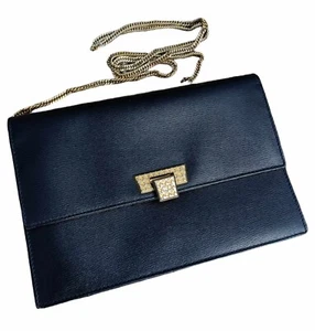 CHRISTIAN DIOR PARIS Vintage Clutch Purse Black Leather Gold Tone Chain Handbag - Picture 1 of 15