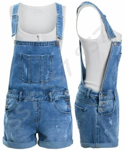 NEW Womens Denim Dungaree Shorts Ladies Jean playsuit Blue Sizes 8 10 12 14 6 - Picture 1 of 6