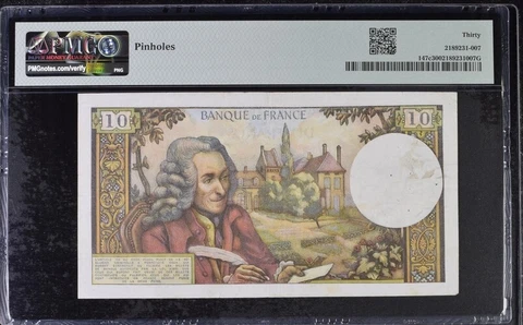 France, Banque de France, 10 Francs 1967-71 - Wmk: Voltaire Graded VF 30 Cover